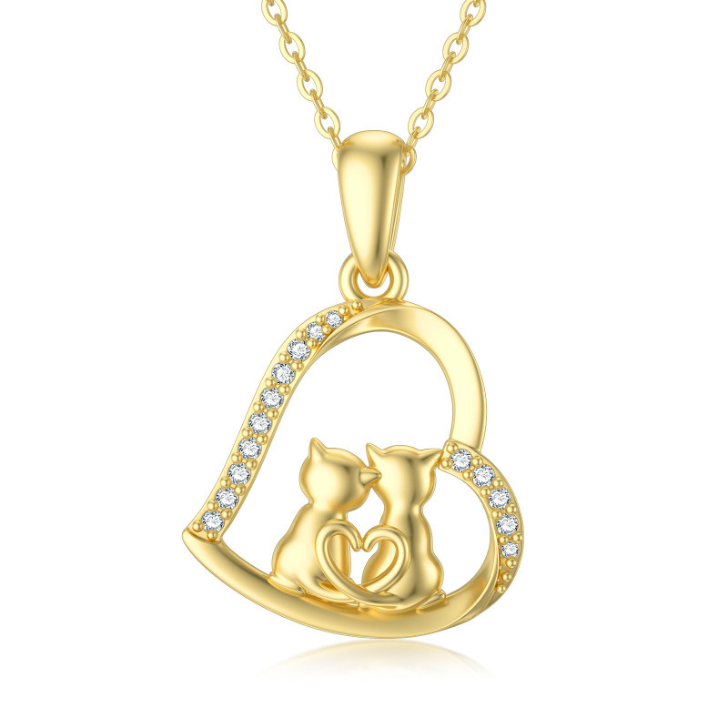 10K Gold Cubic Zirconia Couple Cats & Heart Pendant Necklace-1