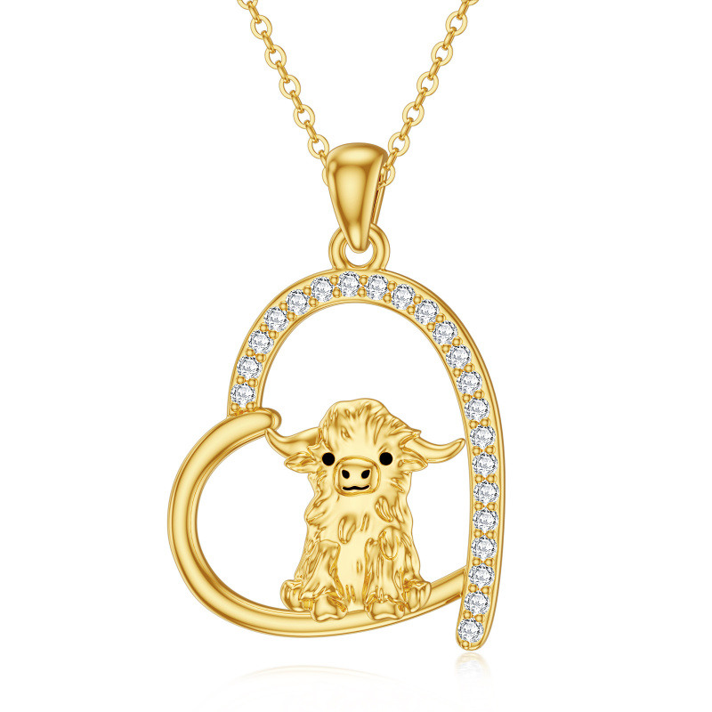 Collar con colgante de vaca y corazón de circonita cúbica en oro de 10 quilates-1