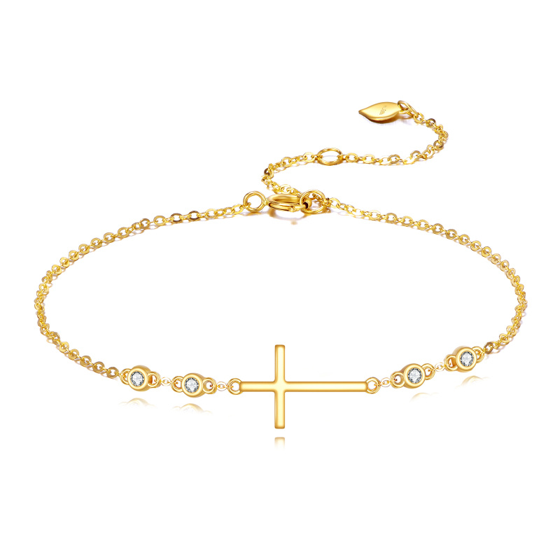 Pulsera con dije de cruz de circonita cúbica en oro de 18 quilates-1
