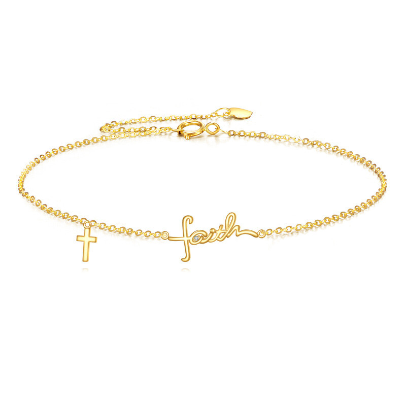 18K Gold Cubic Zirconia Cross Charm Bracelet with Engraved Word-1
