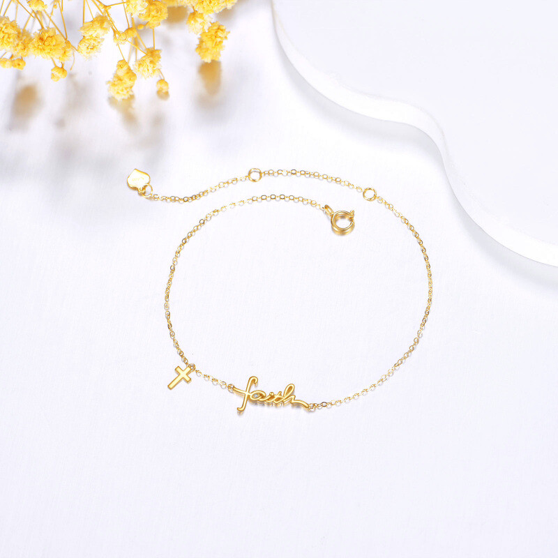 18K Gold Cubic Zirconia Cross Charm Bracelet with Engraved Word-3