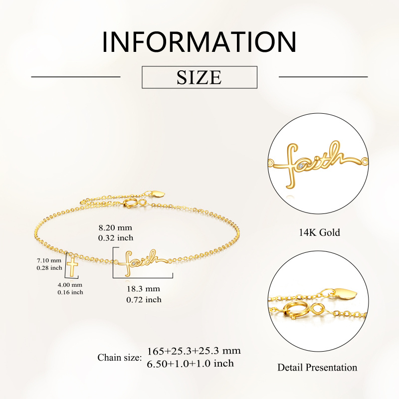 18K Gold Cubic Zirconia Cross Charm Bracelet with Engraved Word-4