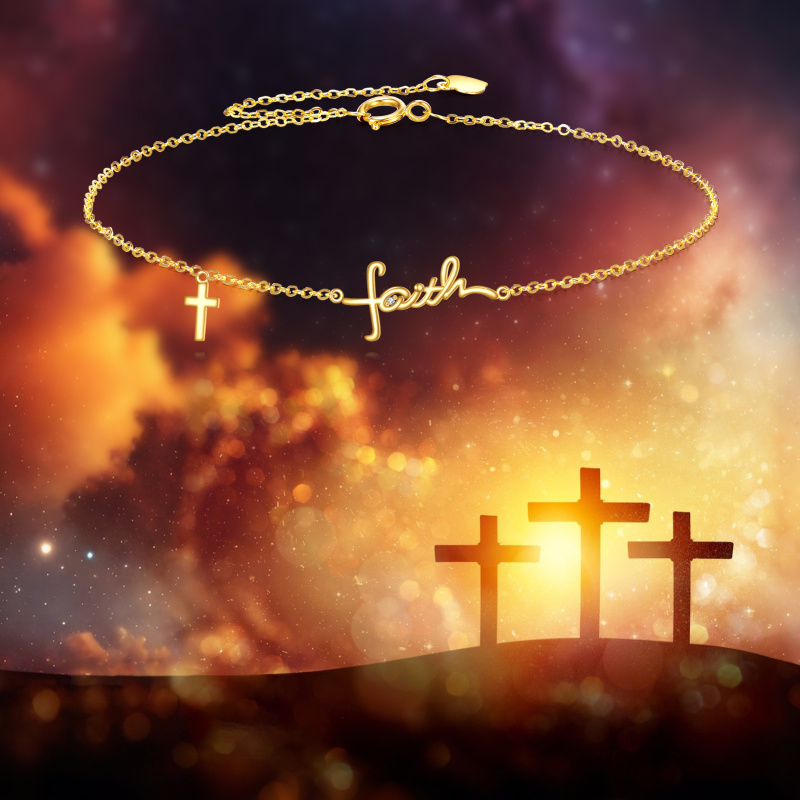 18K Gold Cubic Zirconia Cross Charm Bracelet with Engraved Word-5