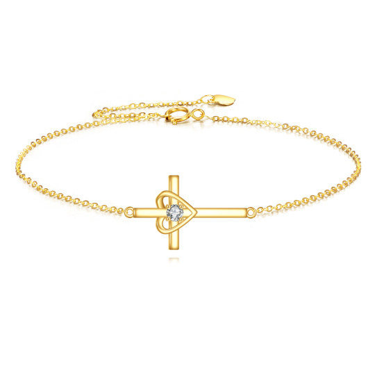 Braccialetto di charm in oro 10K con croce e cuore in zirconi cubici