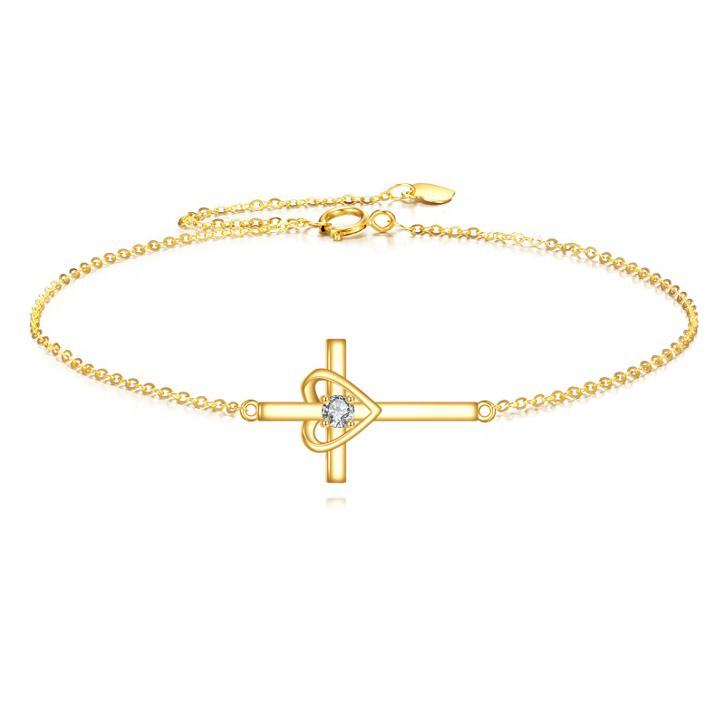 Bracelet de breloques en or 10K avec croix et cœur en zircone cubique-1