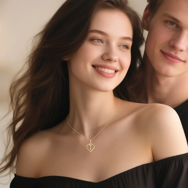 10K Gold Cubic Zirconia Cross & Heart Pendant Necklace-3