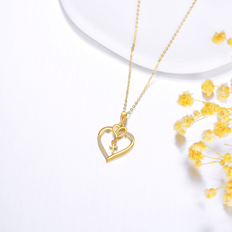 10K Gold Cubic Zirconia Cross & Heart Pendant Necklace-4