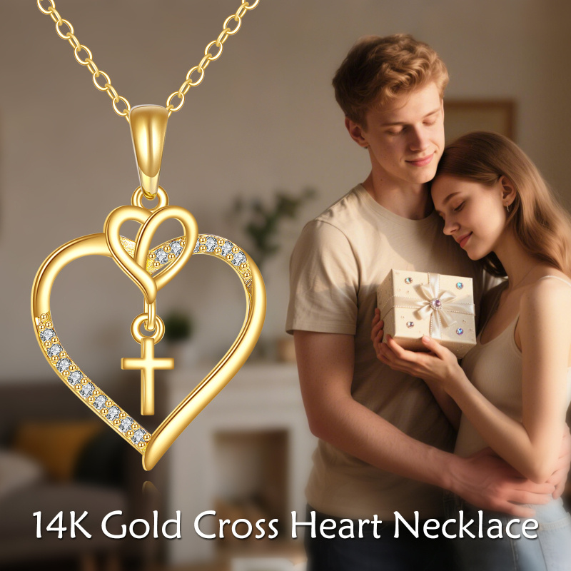 10K Gold Cubic Zirconia Cross & Heart Pendant Necklace-6
