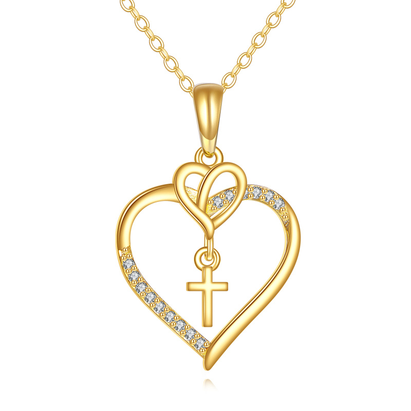 10K Gold Cubic Zirconia Cross & Heart Pendant Necklace-1
