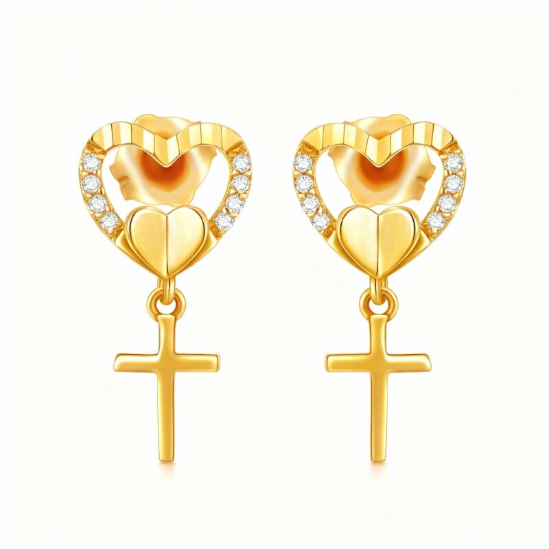 Pendientes de oro de 14 quilates con circonitas cúbicas en forma de cruz y corazón-1