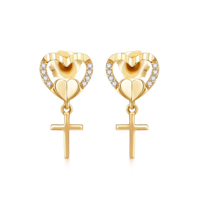 Pendientes de oro de 18 quilates con circonitas cúbicas en forma de cruz y corazón-1
