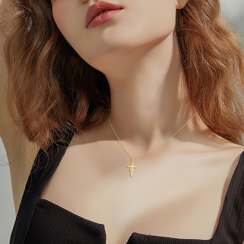 14K Gold Cubic Zirconia Cross & Music Symbol Pendant Necklace-2