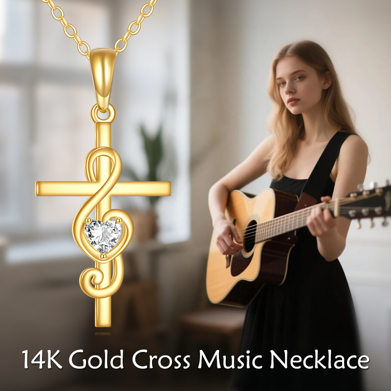 14K Gold Cubic Zirconia Cross & Music Symbol Pendant Necklace-6