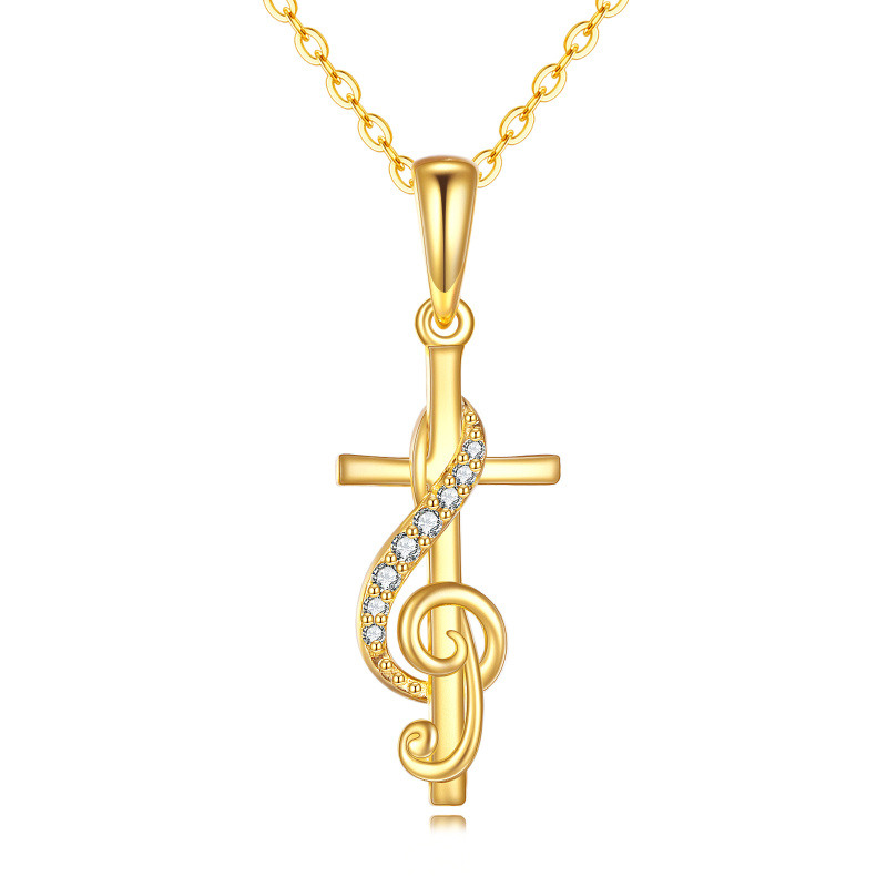 18K Gold Cubic Zirconia Cross & Music Symbol Pendant Necklace-1