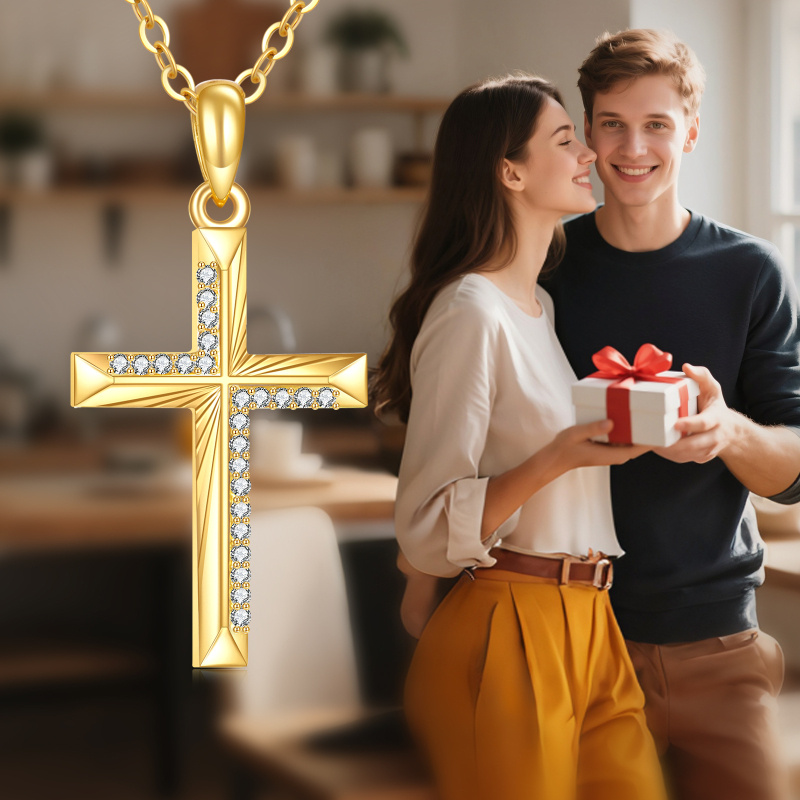 14K Gold Cubic Zirconia Cross Pendant Necklace-5