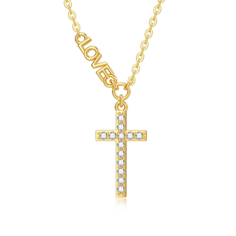 14K Gold Cubic Zirconia Cross Pendant Necklace with Engraved Word-1