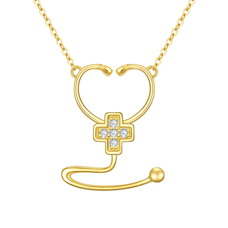Collar de cruz y estetoscopio con circonitas cúbicas de oro de 10 quilates para mujer-1