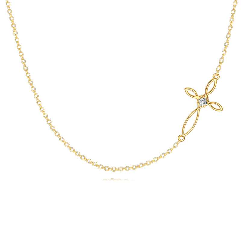 Halskette aus 14-karätigem Gold mit Zirkonia-Kreuz und Hexenknoten-Anhänger-1