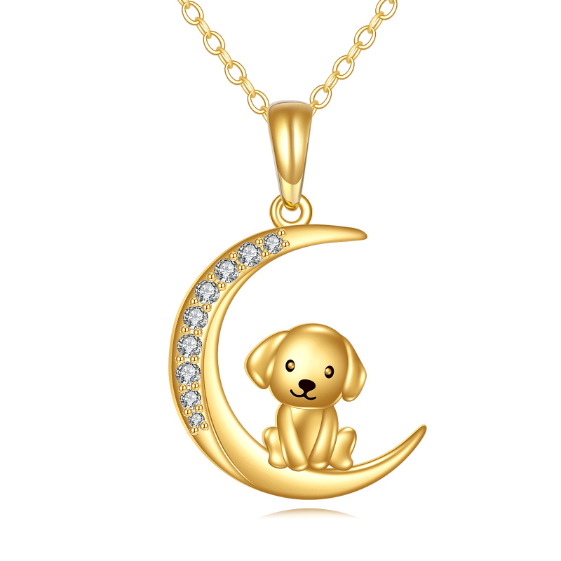 Collar con colgante de oro de 14 quilates y circonia cúbica con diseño de perro y luna-14