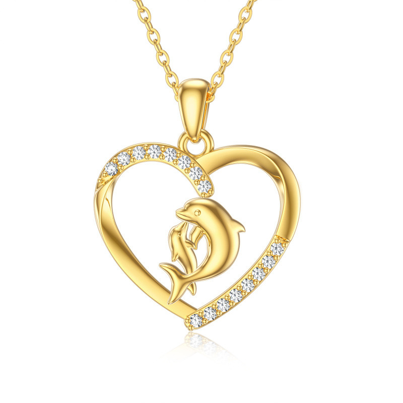 Collar con colgante de delfín y corazón de circonita cúbica en oro de 14 quilates-1