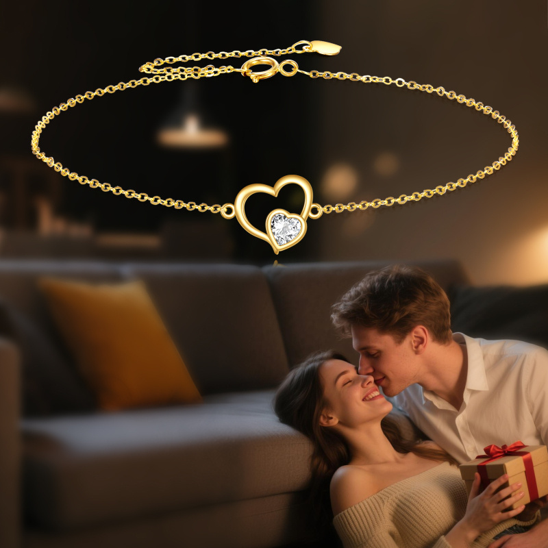 18K Gold Cubic Zirconia Double Heart Charm Bracelet-5