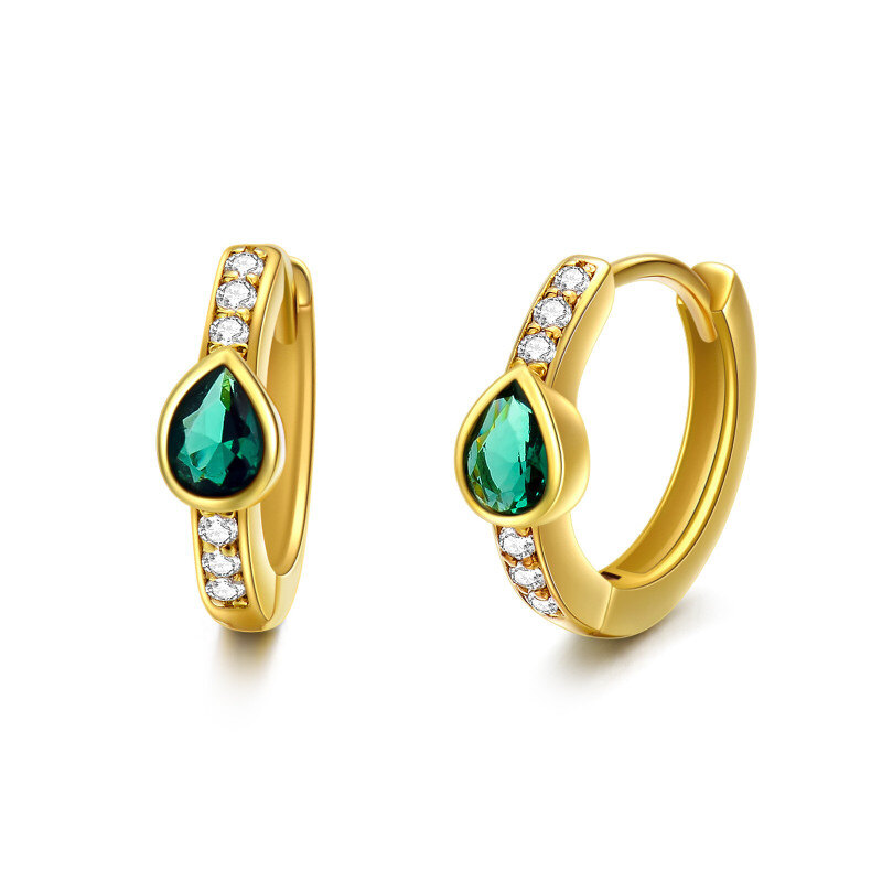 10K Gold Cubic Zirconia Drop Shape Hoop Earrings-1