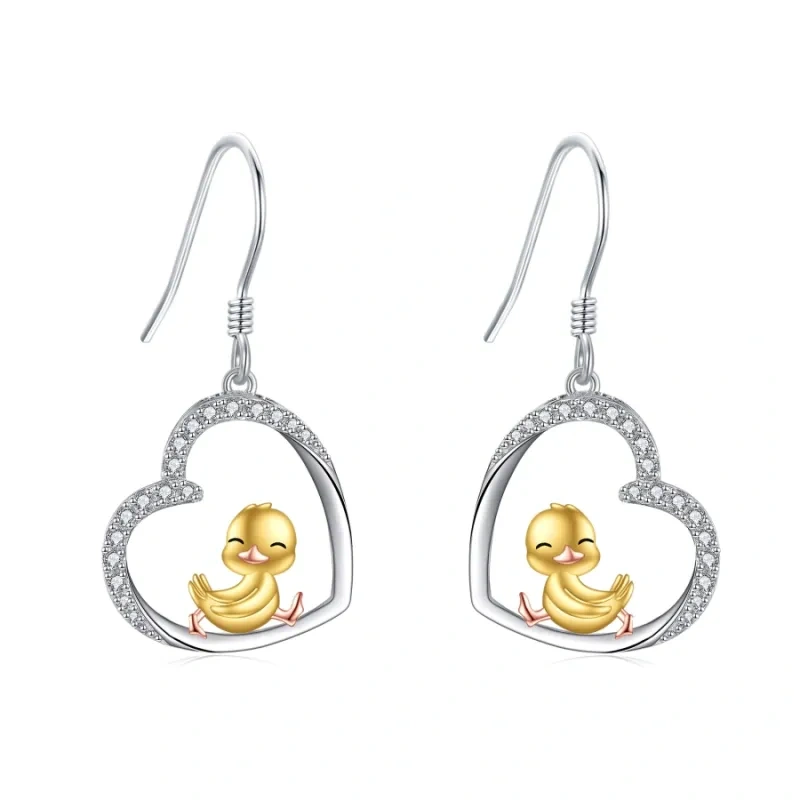 Ohrhänger in Herzform mit Entenmotiv und Zirkonia aus vergoldetem Silber für Damen-1