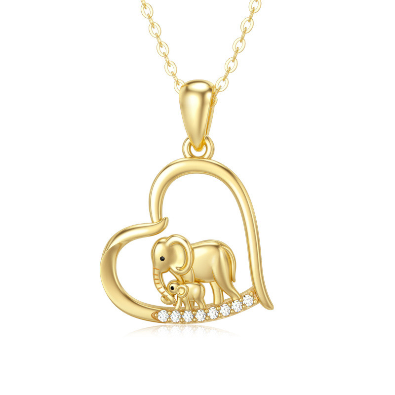 10K Gold Cubic Zirconia Elephant Mom & Baby Heart Pendant Necklace-1
