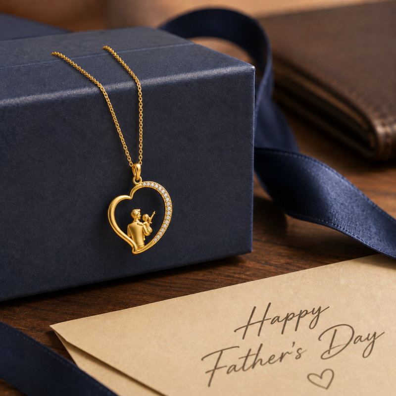 14K Gold Cubic Zirconia Father & Daughter & Heart Pendant Necklace-4