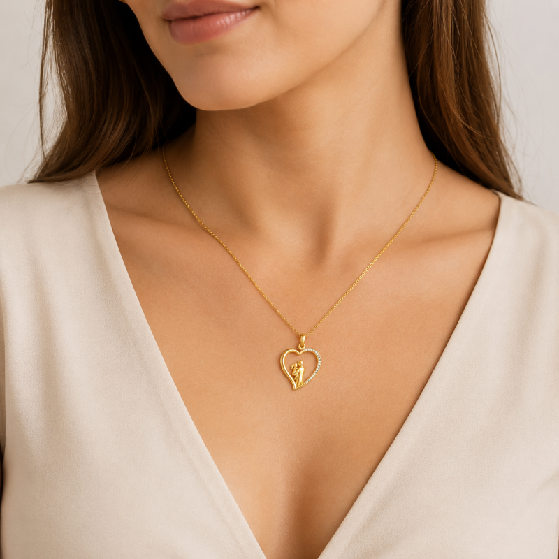 Collier pendentif en or 18K avec zircon cubique, représentant un père, une fille et un cœur-2