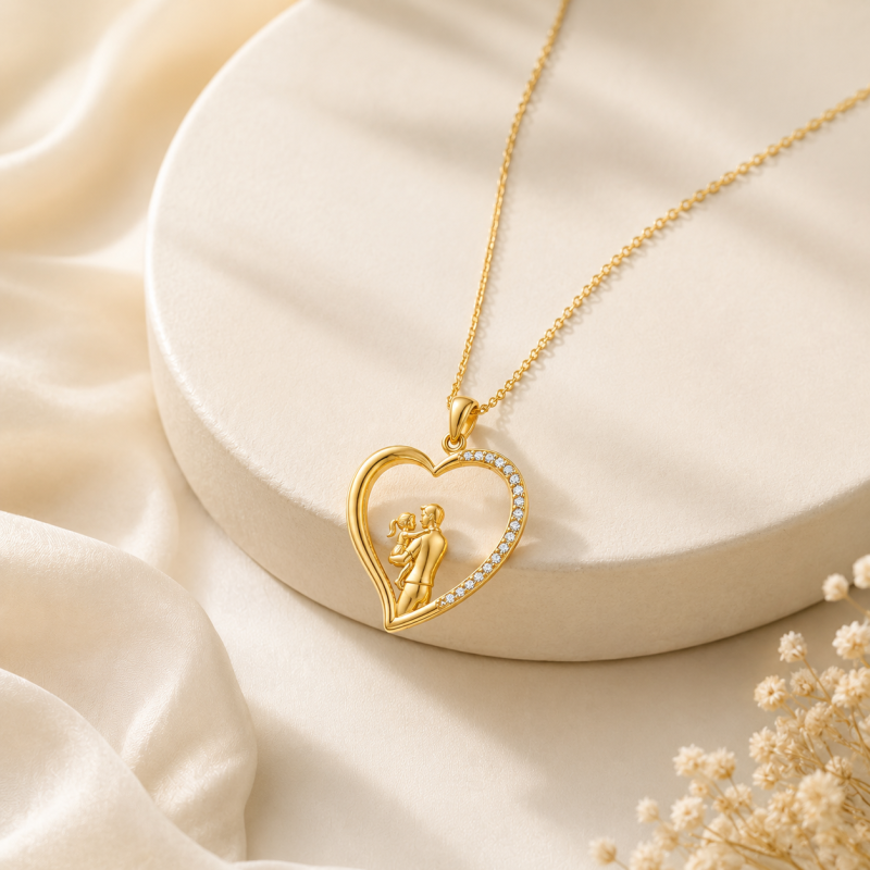 Collier pendentif en or 18K avec zircon cubique, représentant un père, une fille et un cœur-4