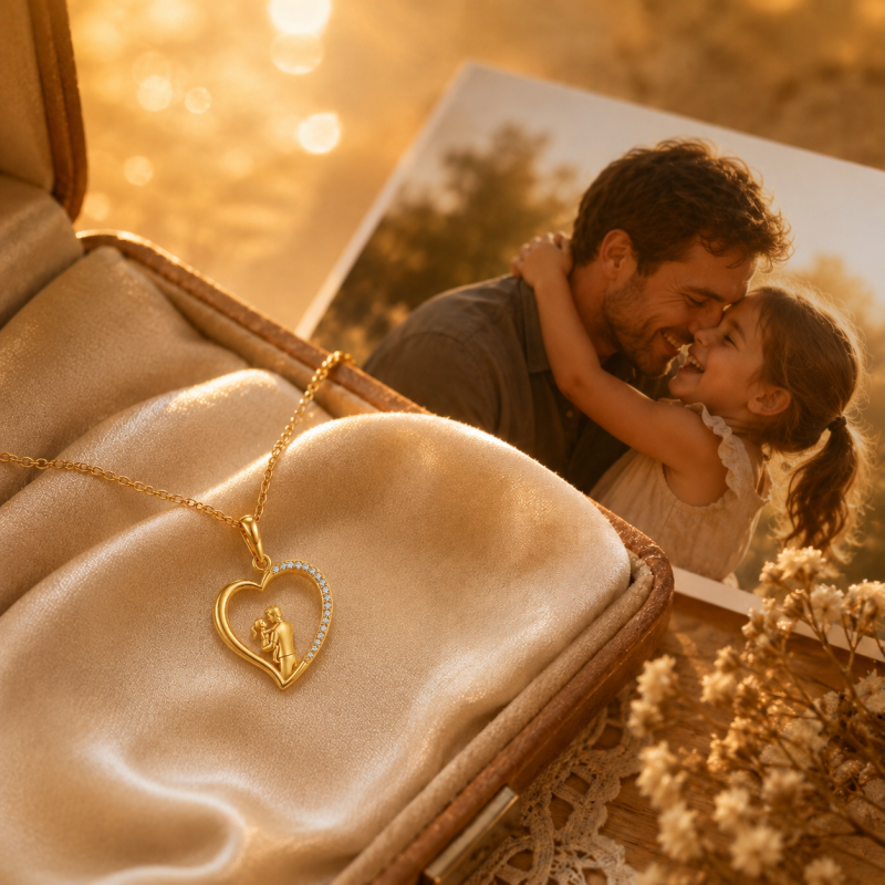 Collier pendentif en or 18K avec zircon cubique, représentant un père, une fille et un cœur-5