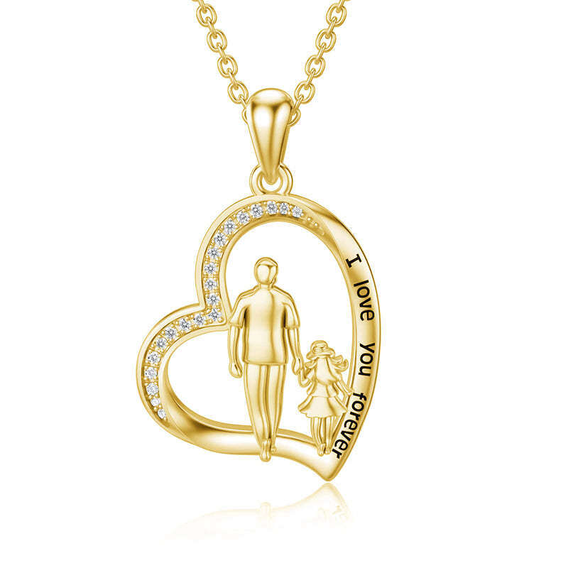 Collier pendentif en or 14K avec zircone cubique, motif cœur, père et fille, avec mot gravé-1