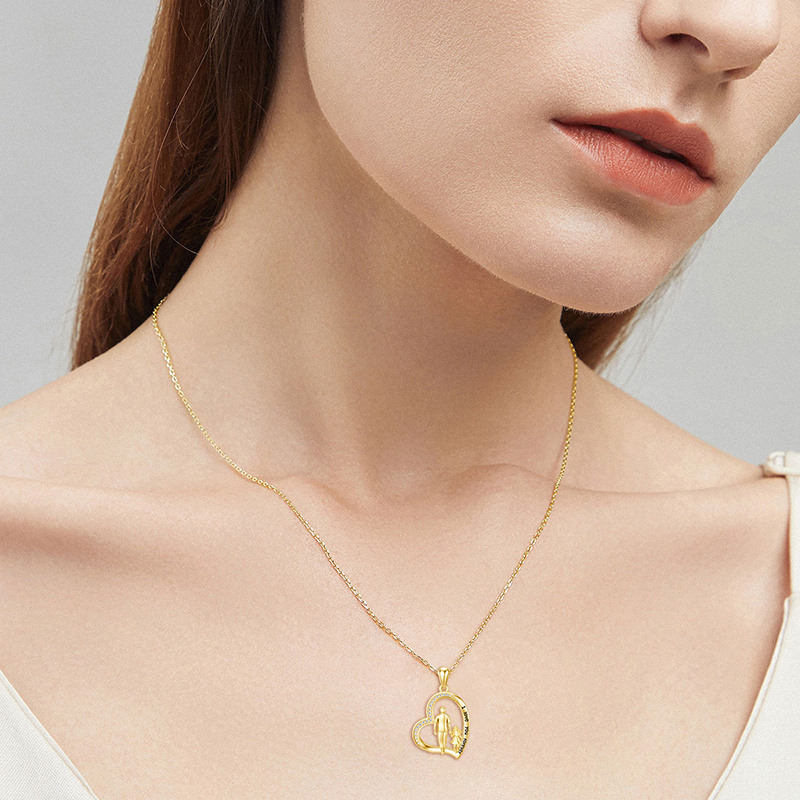 Collier pendentif en or 14K avec zircone cubique, motif cœur, père et fille, avec mot gravé-2