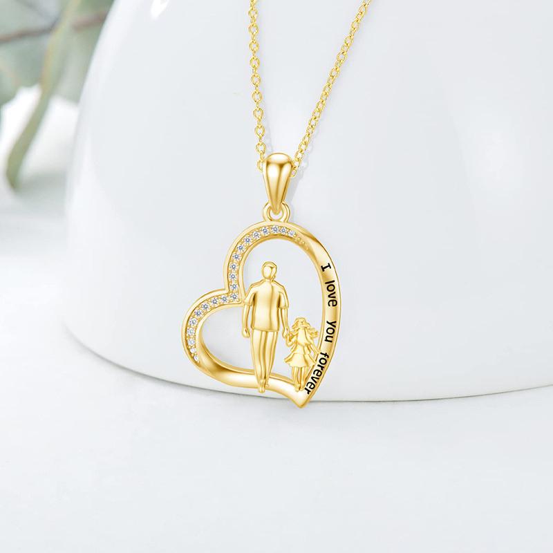 Collier pendentif en or 14K avec zircone cubique, motif cœur, père et fille, avec mot gravé-3