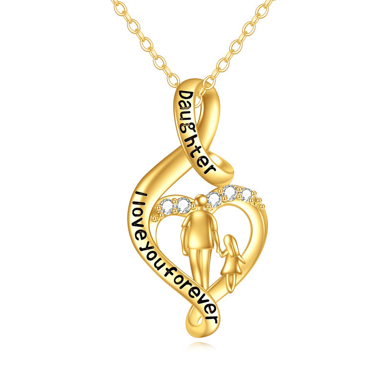 18K Gold Cubic Zirconia Father & Daughter Pendant Necklace with Engraved Word-1