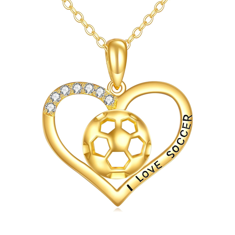 Collier en or 10 carats avec pendentif cœur de football et zircon cubique pour femme-1