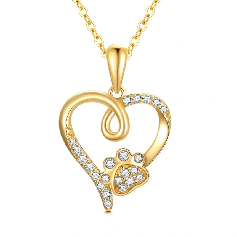 18K Gold Cubic Zirconia Footprints & Heart Pendant Necklace-1