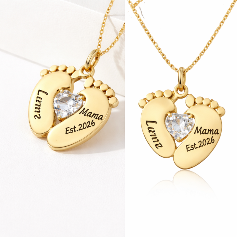 Collar con huellas de pies y circonitas cúbicas en oro de 14 quilates para mamá primeriza-4