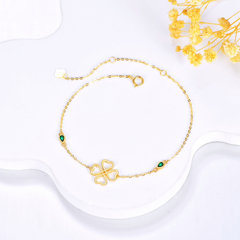 18K Gold Cubic Zirconia Four Leaf Clover Charm Bracelet-3