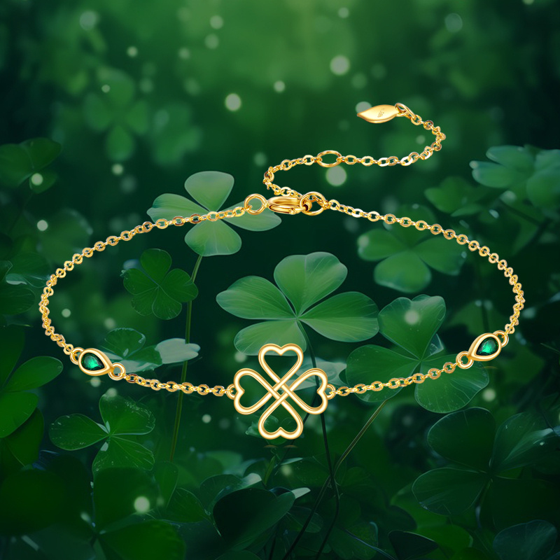 18K Gold Cubic Zirconia Four Leaf Clover Charm Bracelet-5