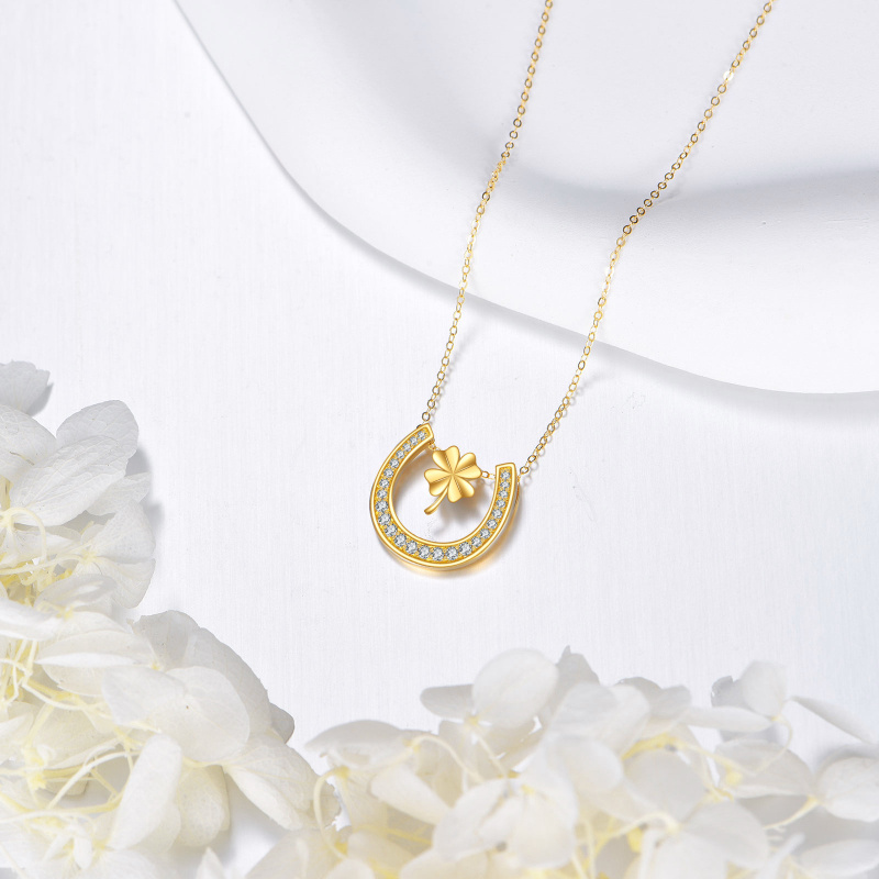 10K Gold Cubic Zirconia Four Leaf Clover & Horseshoe Pendant Necklace-3