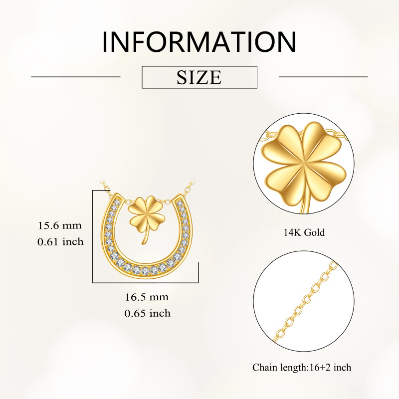 10K Gold Cubic Zirconia Four Leaf Clover & Horseshoe Pendant Necklace-4