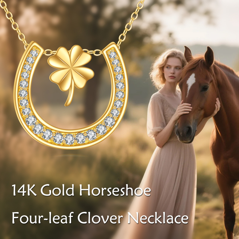 10K Gold Cubic Zirconia Four Leaf Clover & Horseshoe Pendant Necklace-5