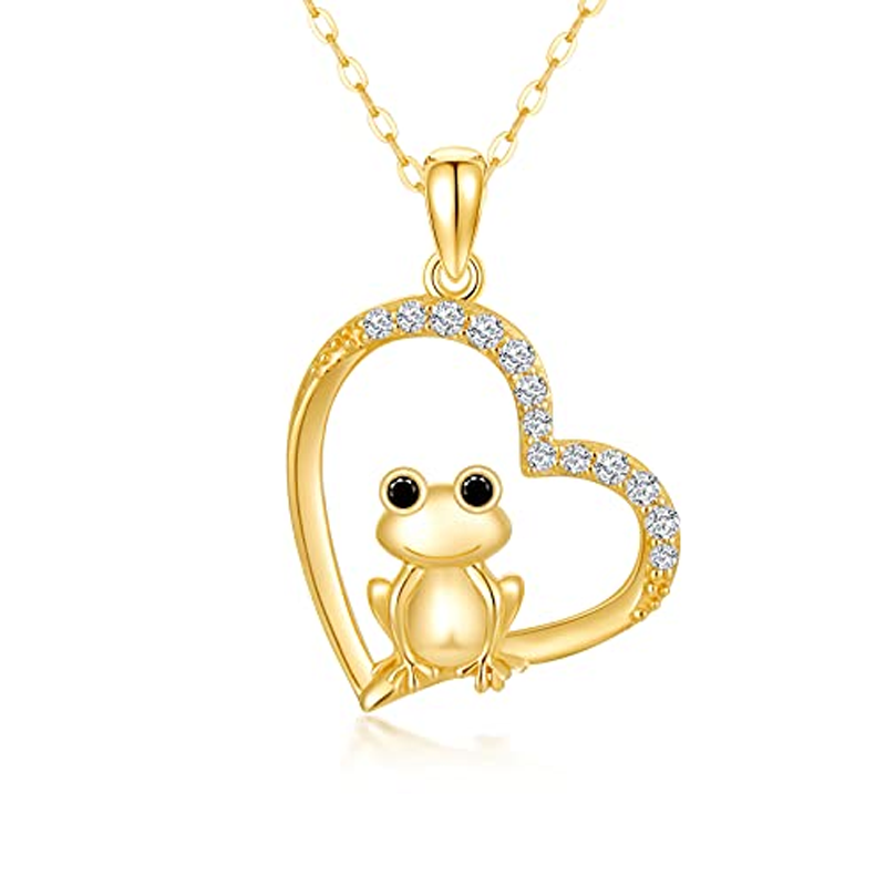 Collar con colgante de rana y corazón de circonita cúbica en oro de 18 quilates-1