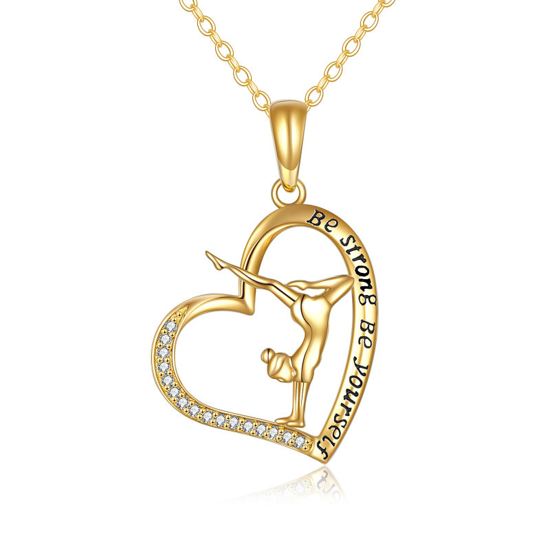 Collar con colgante de gimnasta y corazón en oro de 14 quilates con circonitas cúbicas y palabra grabada-1