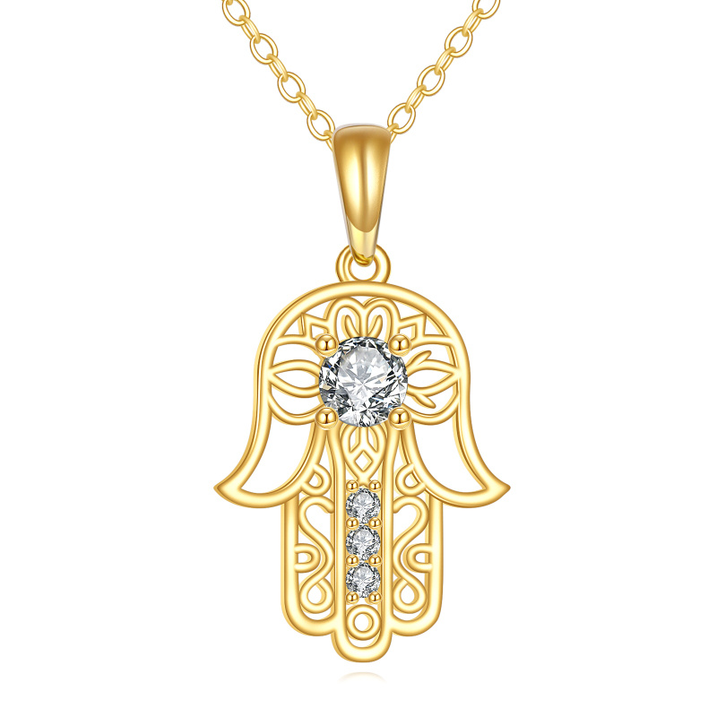 18K Gold Cubic Zirconia Hamsa Hand Pendant Necklace-1