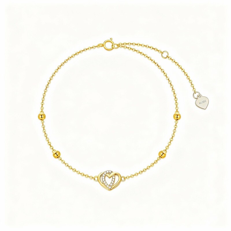 Bracelet de cheville à breloque cœur en or 14 carats et zircon cubique (une seule couche)-1