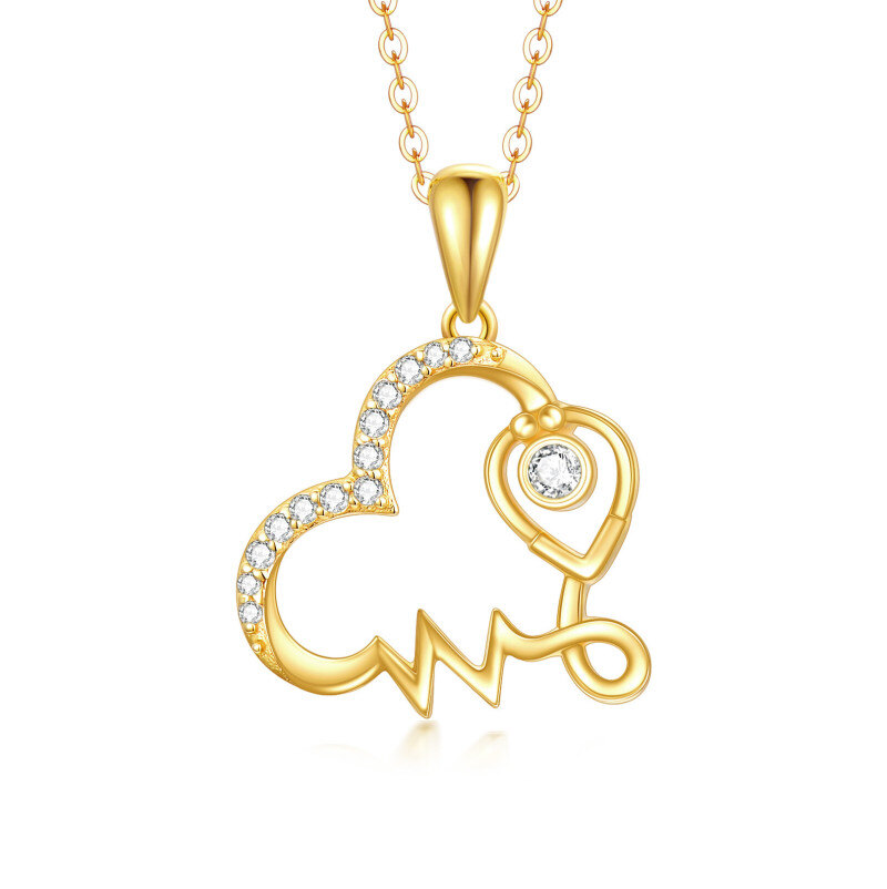 Collar con colgante de corazón de estetoscopio y electrocardiograma en oro de 18 quilates con circonitas cúbicas-1