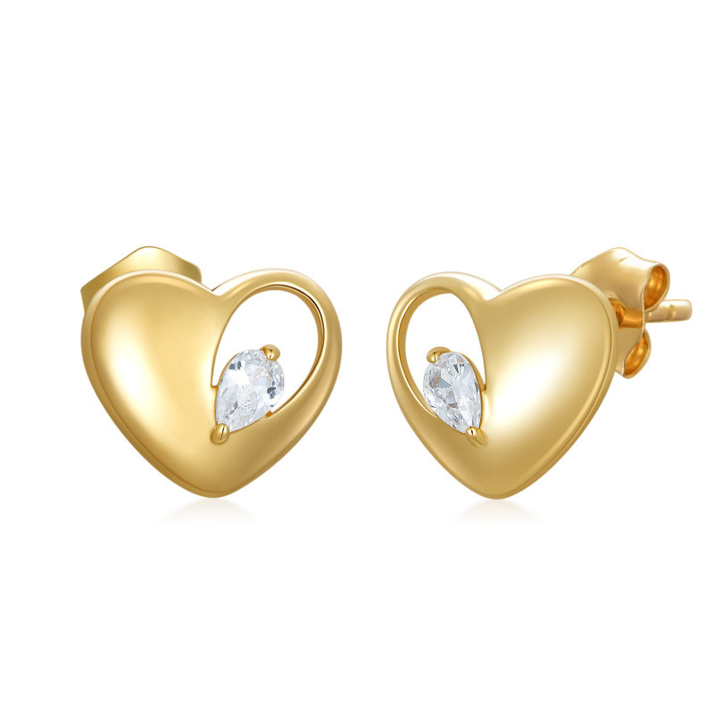 Pendientes de botón con forma de corazón y circonitas cúbicas en oro de 14 quilates-1